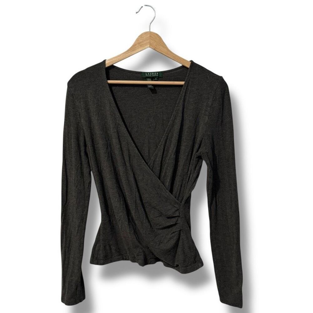 Lauren Ralph Lauren Women's Gray V-Neck Long Sleeve Blouse Size Medium